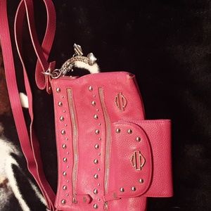 Pink leather Harley davidson crossbody purse and matching wallet